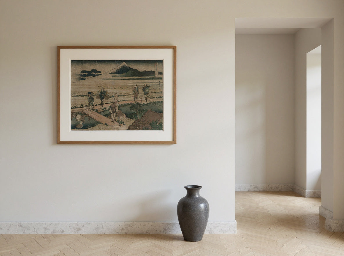 A View of Mount Fuji and Travellers by a Bridge — in a room