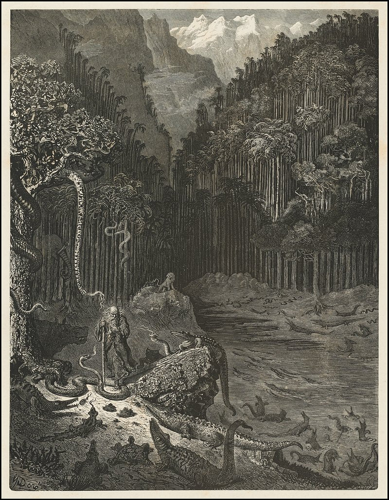 The Legend of the Wandering Jew, 11: Trees intertwined with snakes... (1856) by Gustave Doré