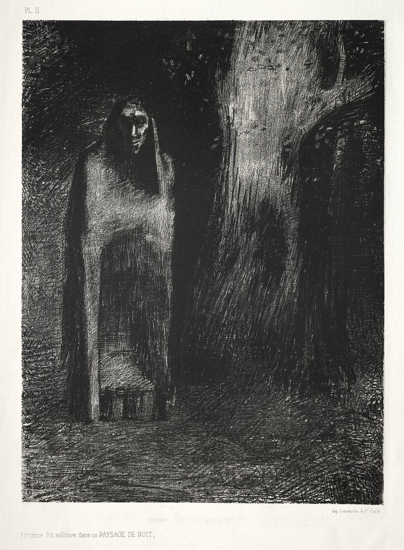 The Man Was Alone in a Night Landscape by Lemercier and Cie and Odilon Redon
