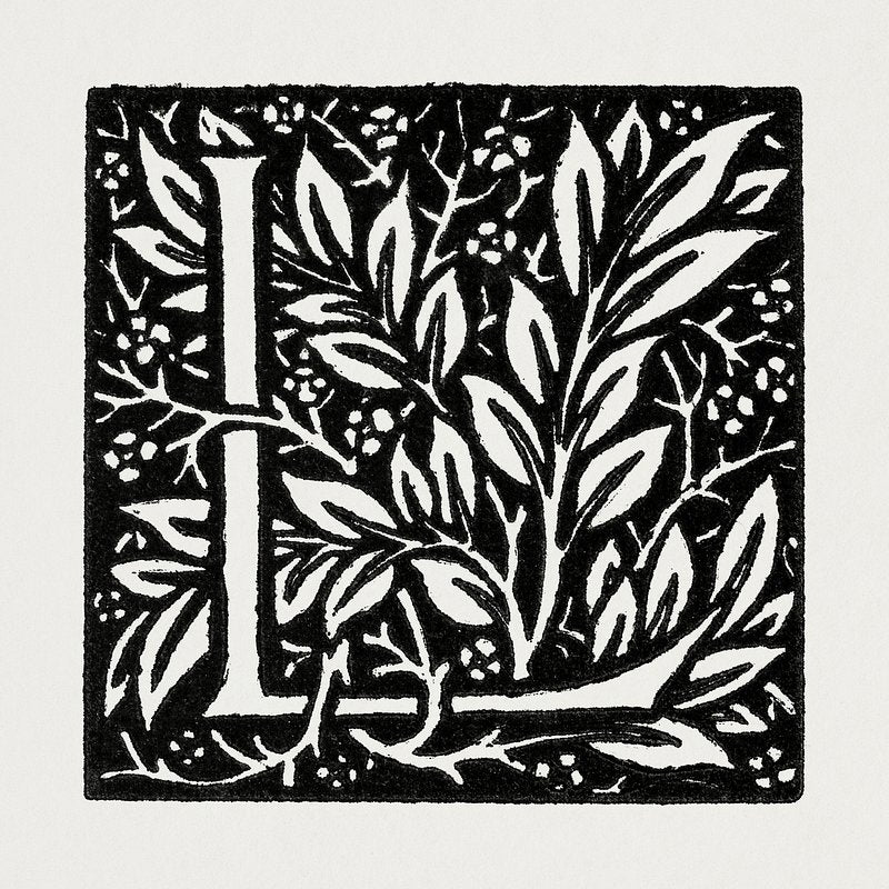 Love is Enough–Initial letter “L” entwined with Laurel Leaves (1866–1867) by William Morris