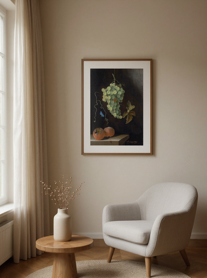 Still Life with a Hanging Bunch of Grapes, Two Medlars, and a Butterfly — in a room