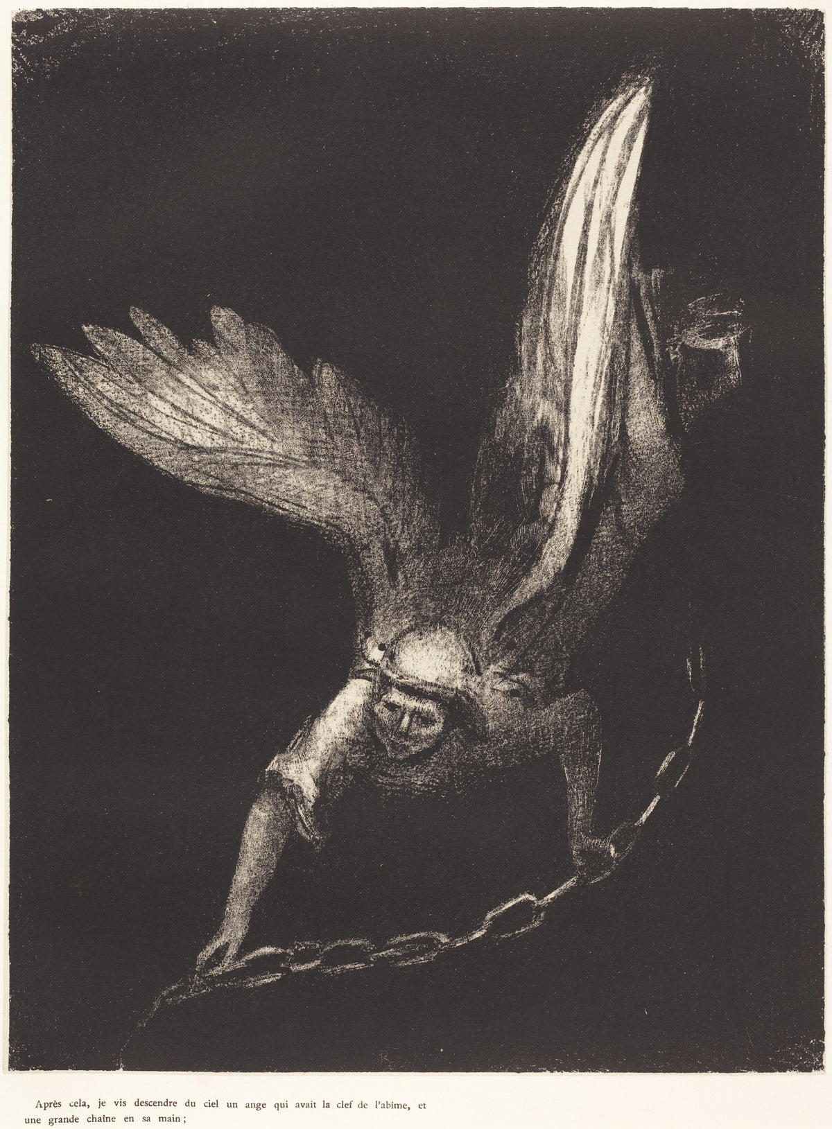Apres cela je vis descendre du ciel un ange qui avait la clef de l'abime, et une grande chaine en sa main (And I saw an angel come down from heaven, having the key of the bottomless pit and a great chain in his hand)