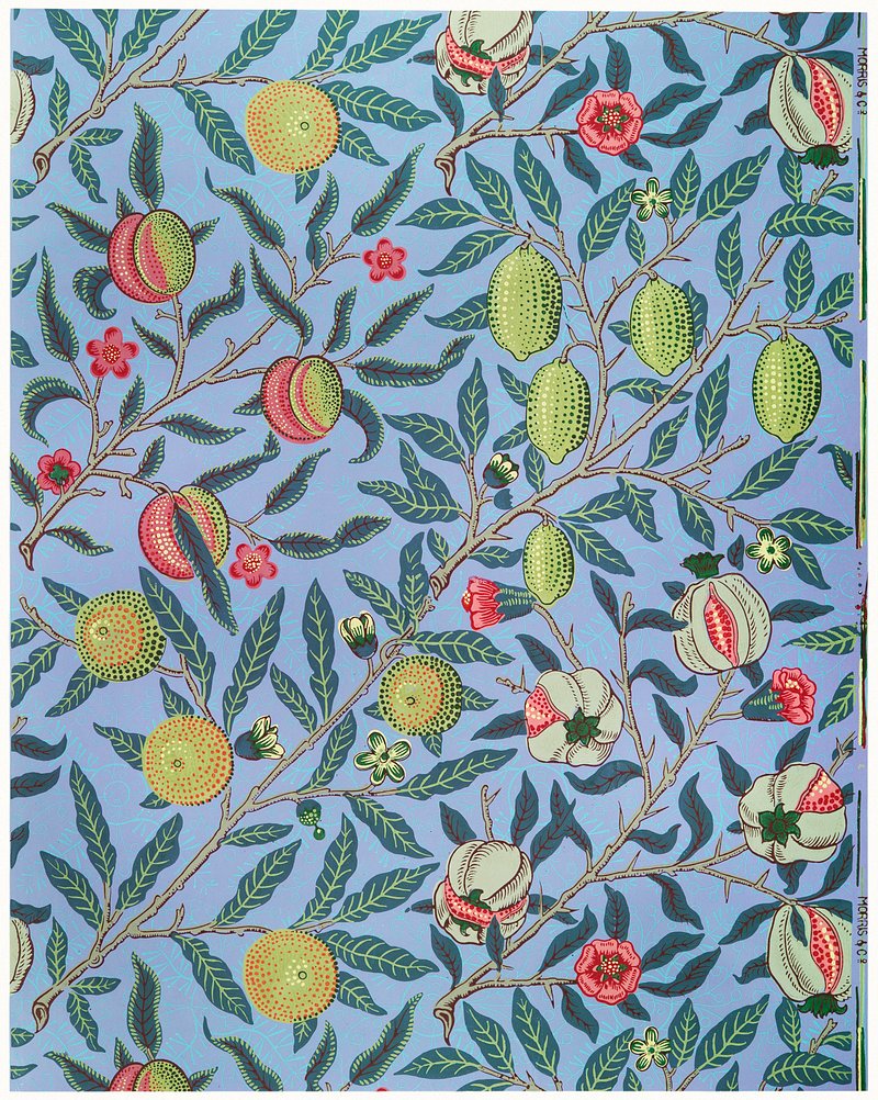 William Morris (1834-1896)'s Fruit or Pomegranate. Famous wallpaper,