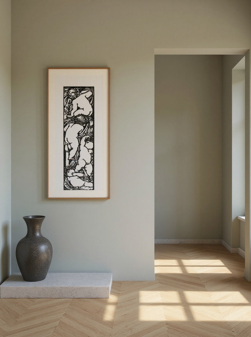 Love is Enough–Upright Border or Sidepiece with four Puti (1872) by William Morris — in a room