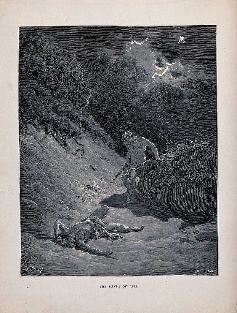 Cain kills Abel under a stormy sky. Wood engraving by H. Pisan after G. Dore