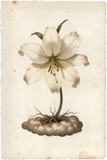Illustrated botanical plate depicting the Moonbell Lily with suspended roots and white bell-shaped flowers.
