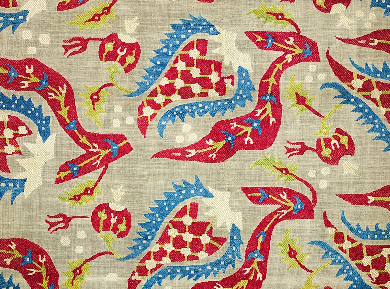 William Morris 's (1834-1896) Turkish bed cover embroidered in large flower and leaf motif, surrounded by a border. Famous