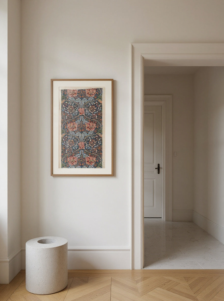 Furnishing fabric; "Honeysuckle" (1876) by William Morris — in a room