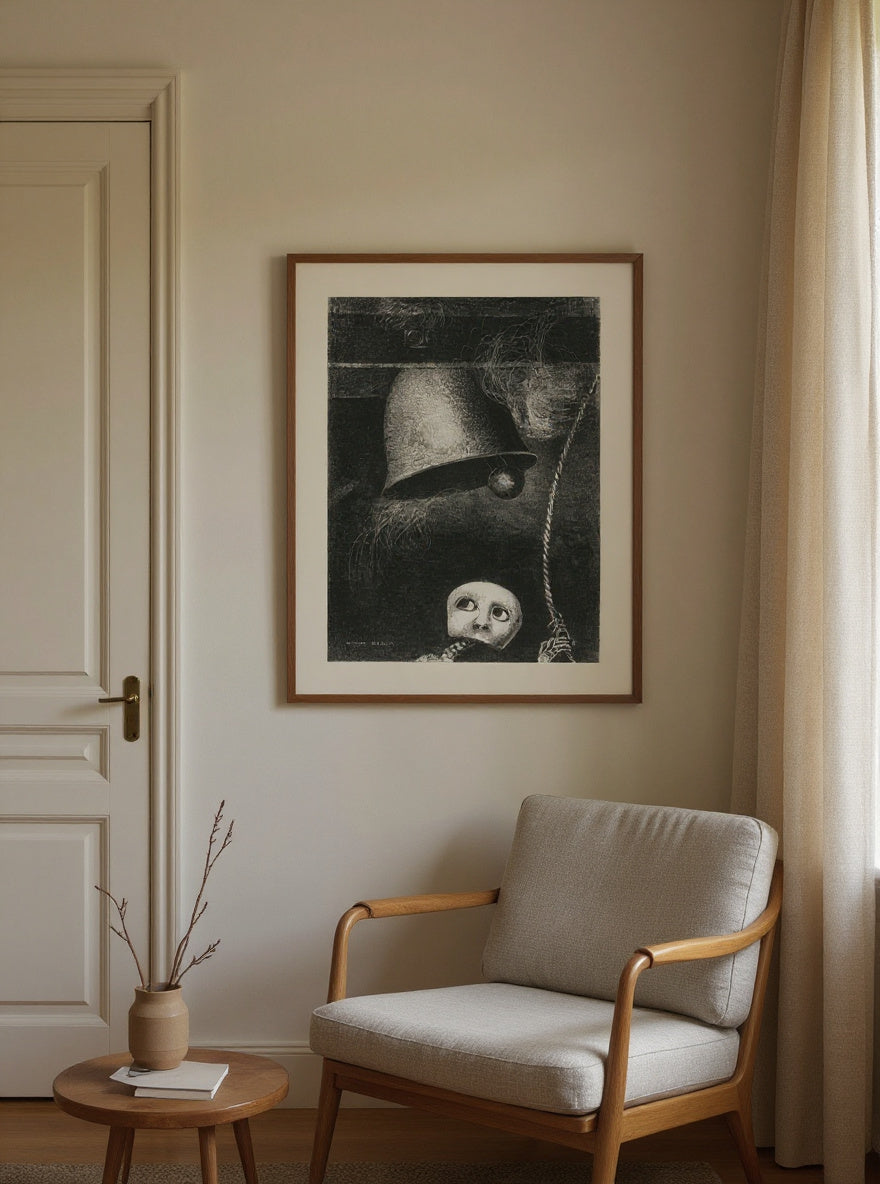 A Mask Sounds the Funeral Knell, plate three from To Edgar Poe — in a room