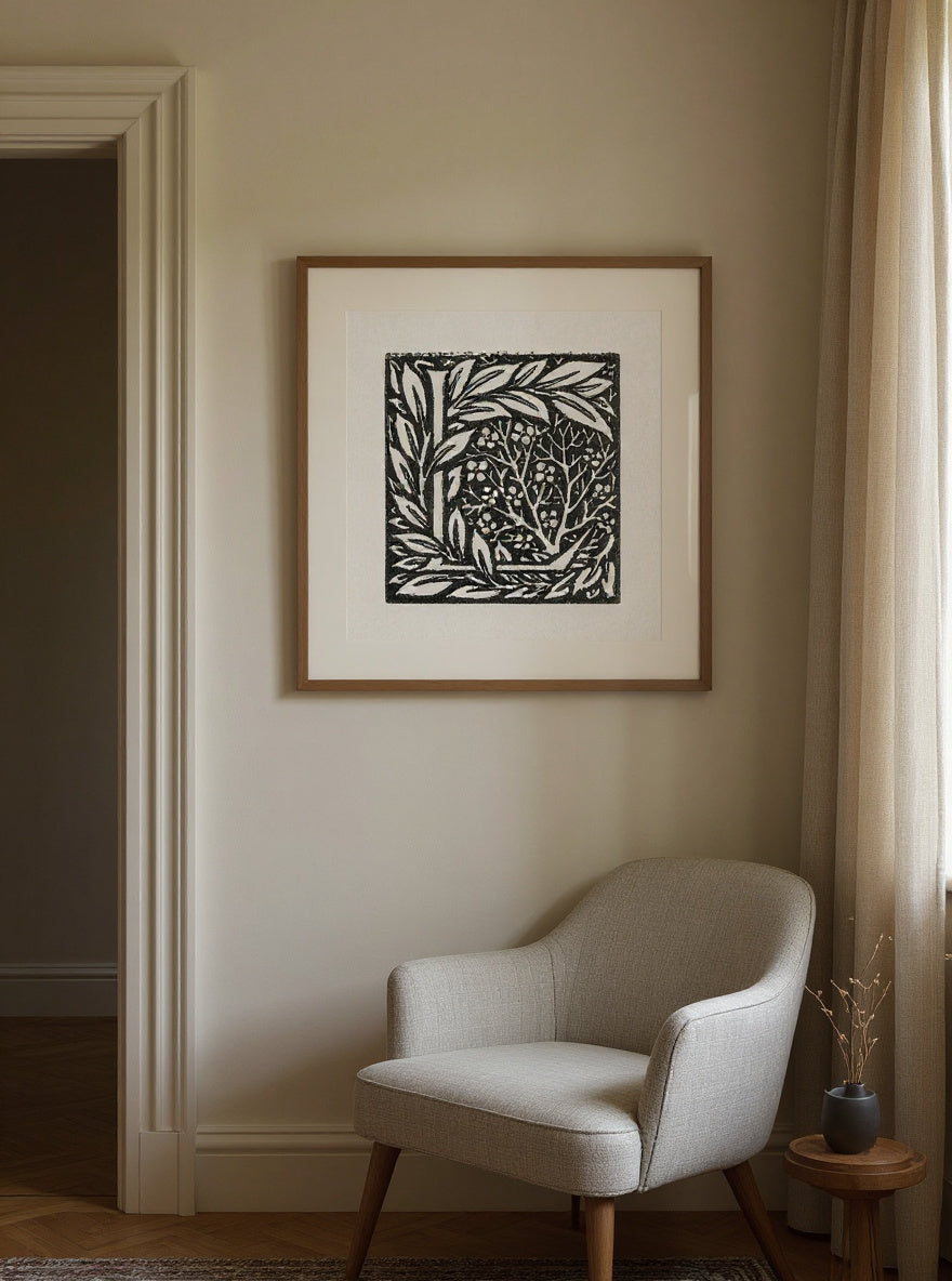 Love is Enough - Initial letter 'L' entwined with Laurel Leaves (1866–1867) by William Morris — in a room