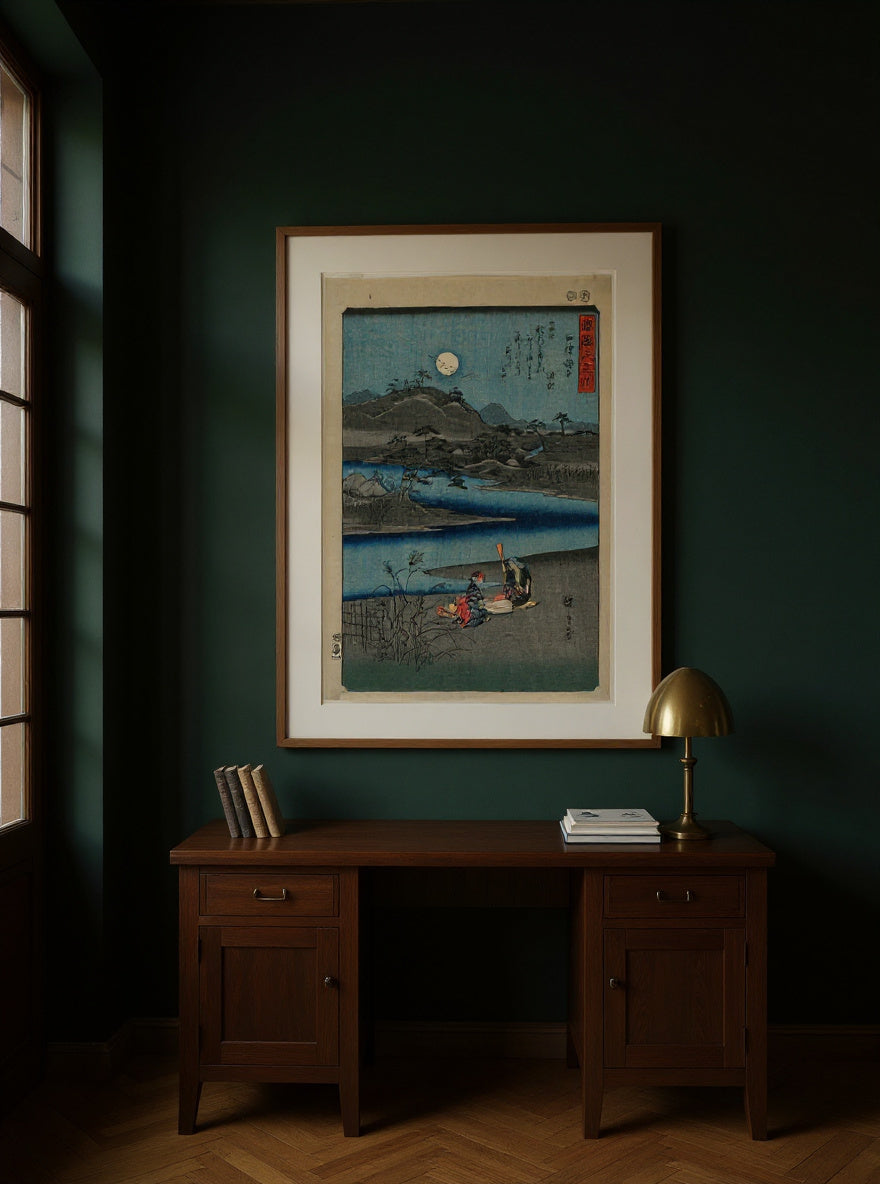 Cloth Fulling Jewel River in Settsu, from the series Six Jewel Rivers of the Various Provinces — in a room
