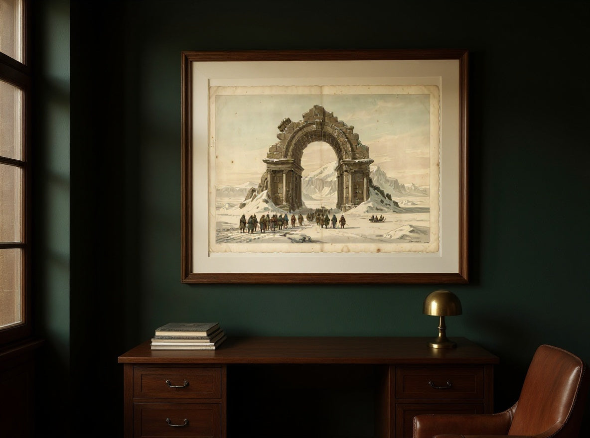 Ruins of the Polar Archway, framed in oak with an ivory mat, hanging in a dark academia collector's study