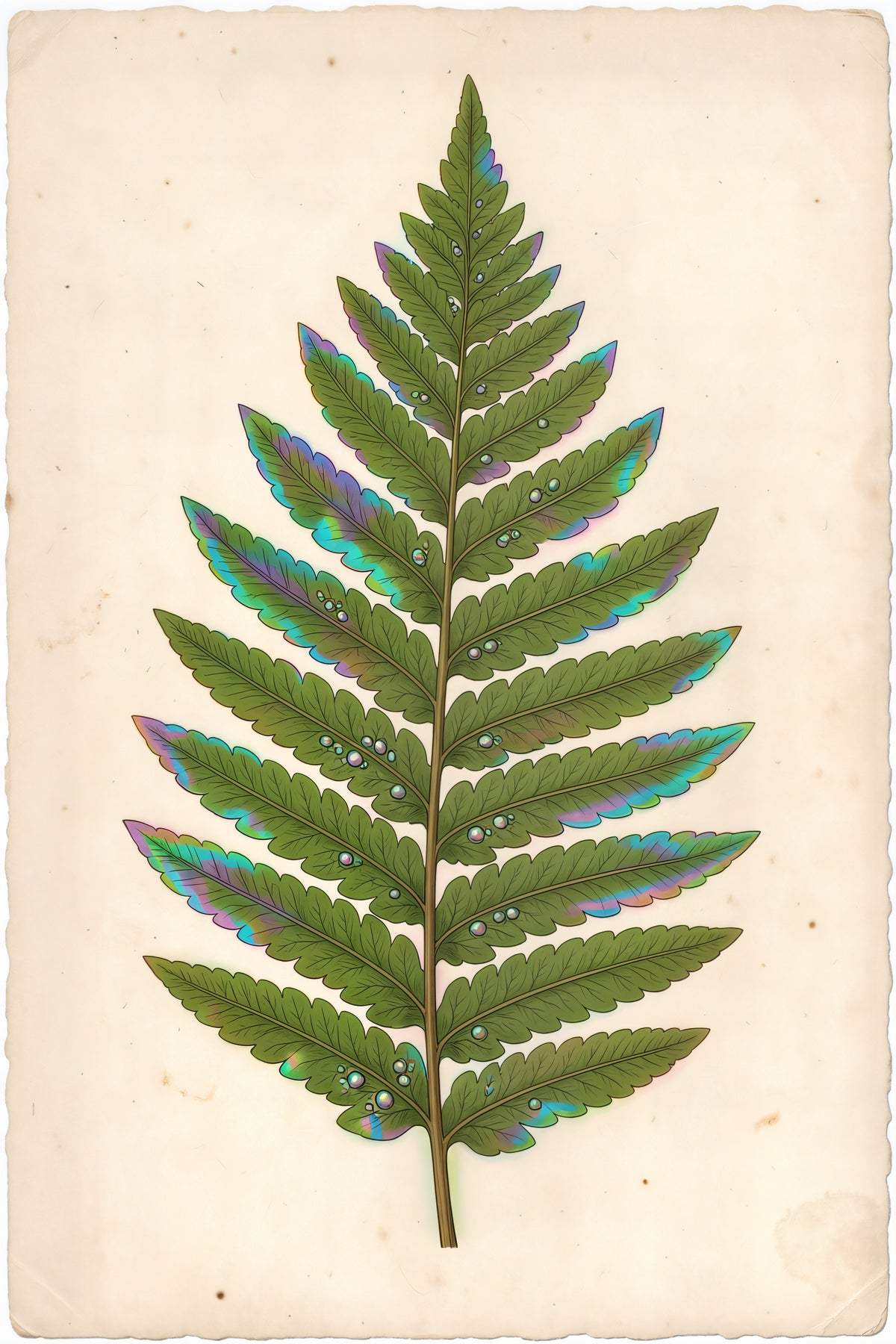 Illustrated botanical plate depicting the Aurora Fern with iridescent blue, green and violet fronds.