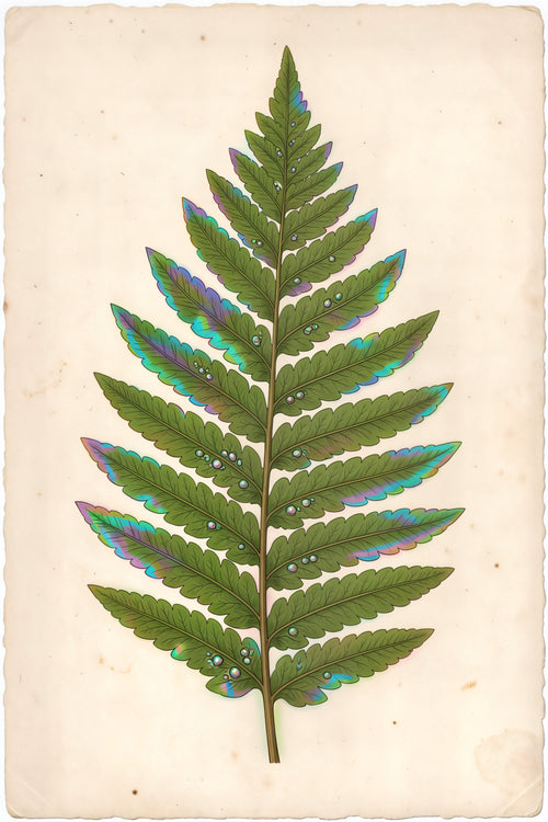 Illustrated botanical plate depicting the Aurora Fern with iridescent blue, green and violet fronds.