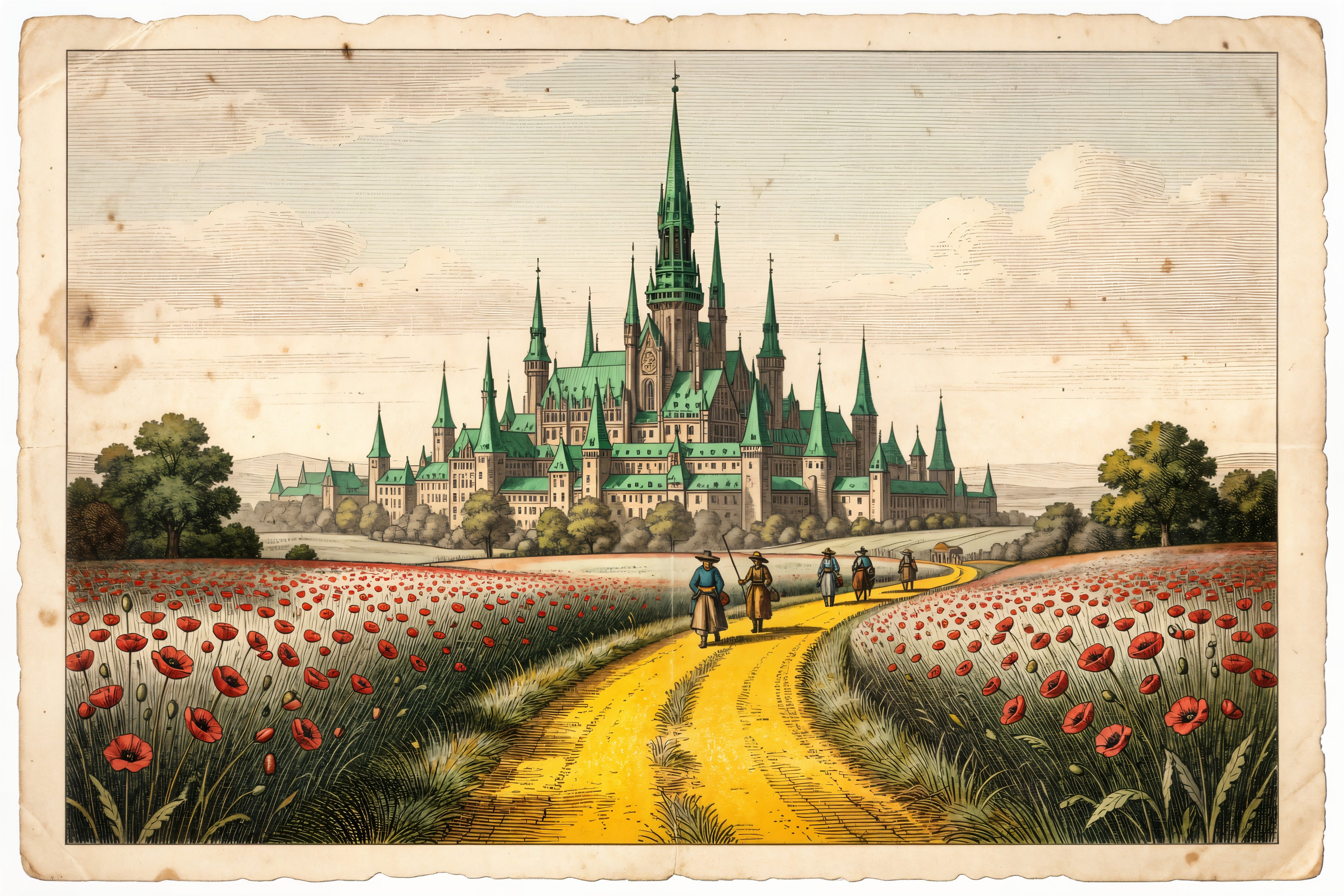 The Spired City Beyond the Poppy Fields, a Victorian-style fantasy art print