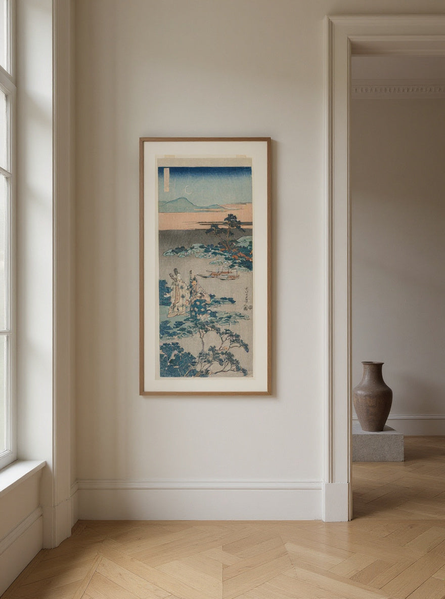 The Minister Toru Daijin Standing by a Lake Beneath a Crescent Moon, from the series A True Mirror of Chinese and Japanese Poetry — in a room
