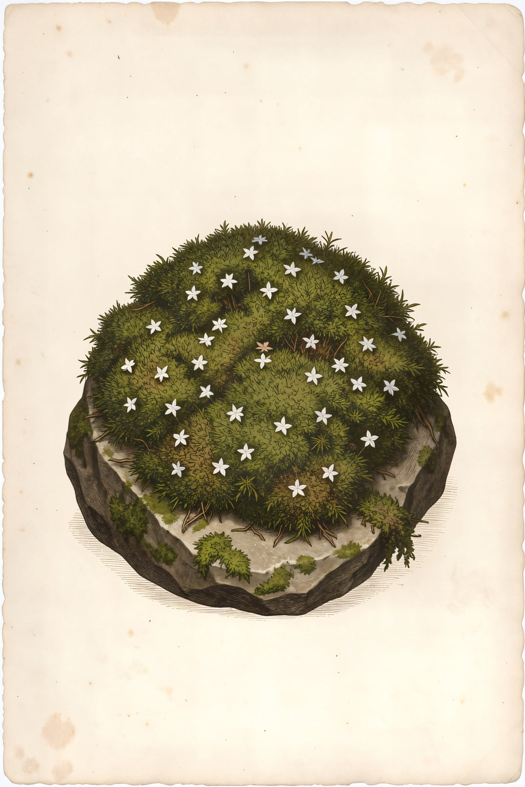 Illustrated botanical plate depicting a colony of Star Moss growing on basalt with crystalline star-shaped flowers.