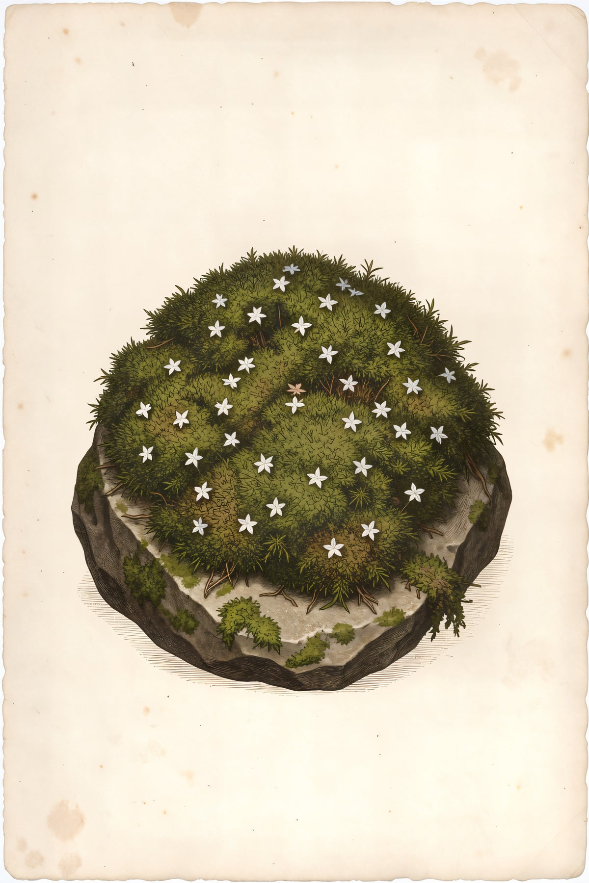 Illustrated botanical plate depicting a colony of Star Moss growing on basalt with crystalline star-shaped flowers.