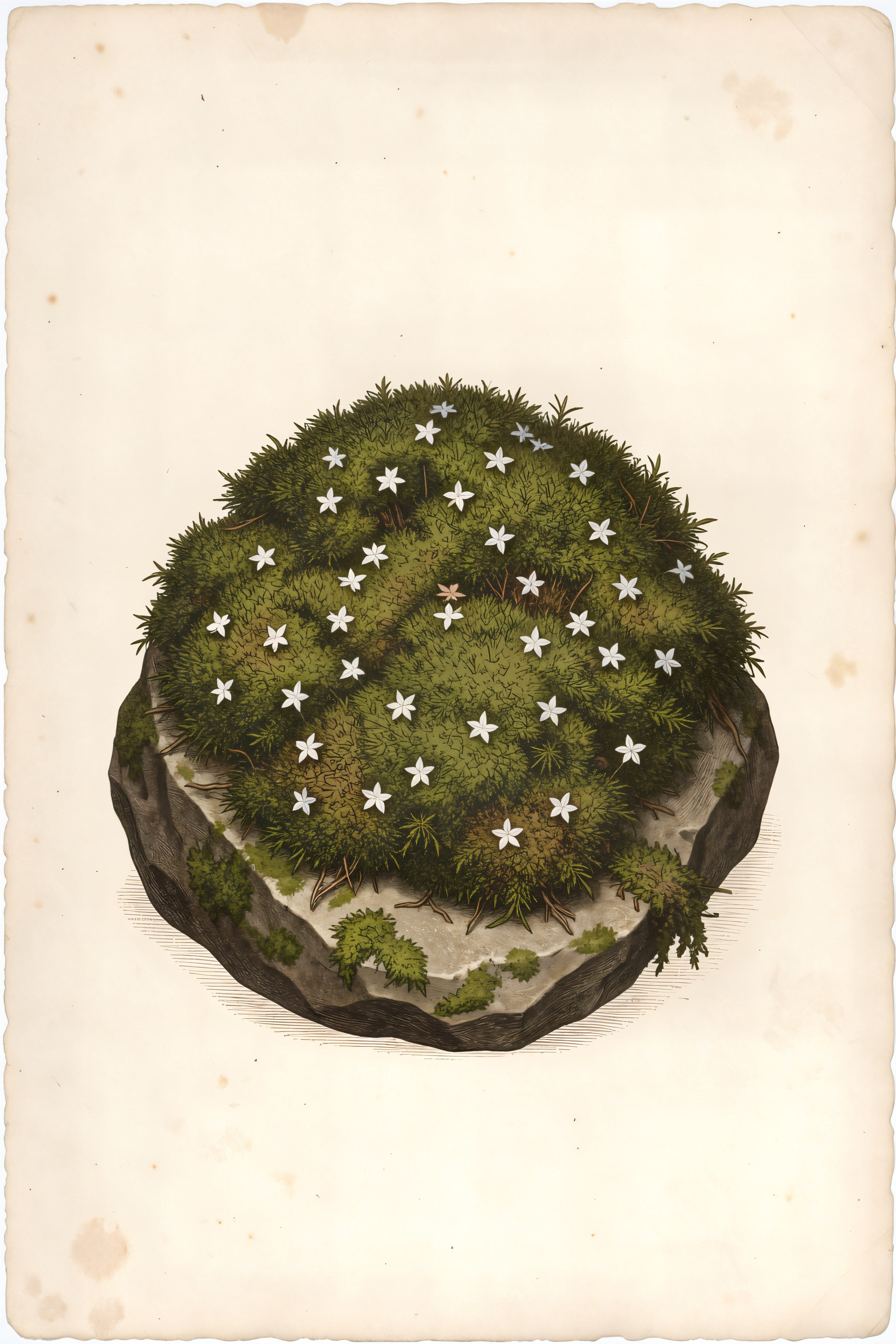 Illustrated botanical plate depicting a colony of Star Moss growing on basalt with crystalline star-shaped flowers.