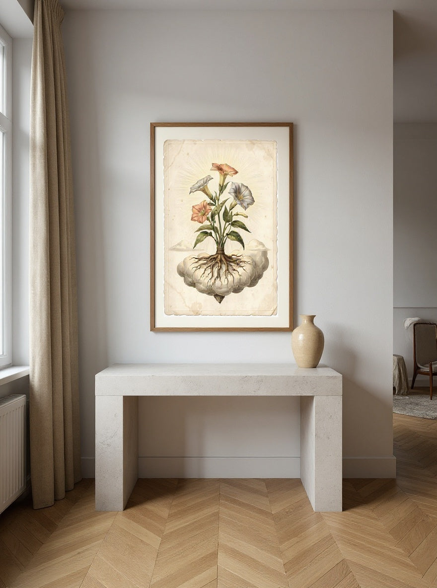 Botanical Study of the Moonflower, framed in oak with an ivory mat, hanging in a contemporary gallery-style room
