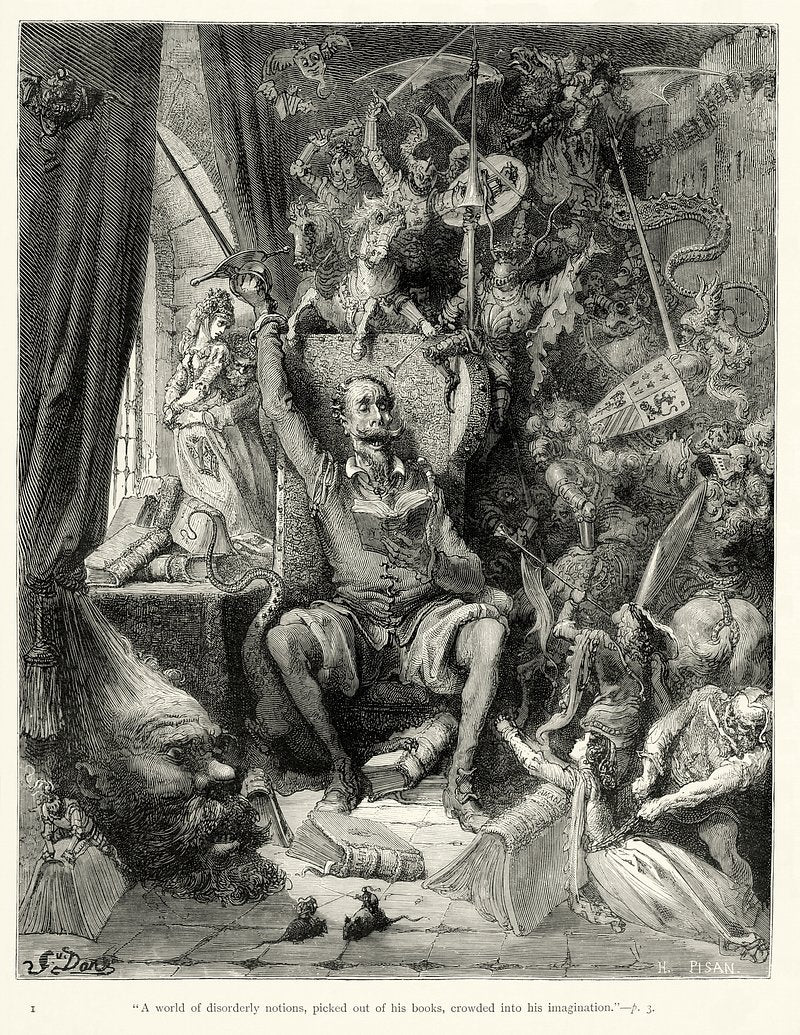 Plate I of Gustave Doré's illustrations to Miguel de Cervantes' Don Quixote. From Chapter I. The ordering of images in this