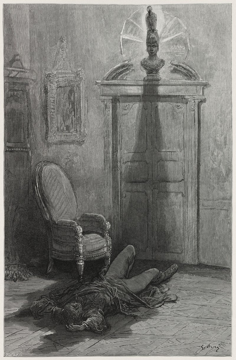 Gustave Doré's illustration for Edgar Allan Poe's The Raven, accompanies the phrase "And my soul from out that shadow that