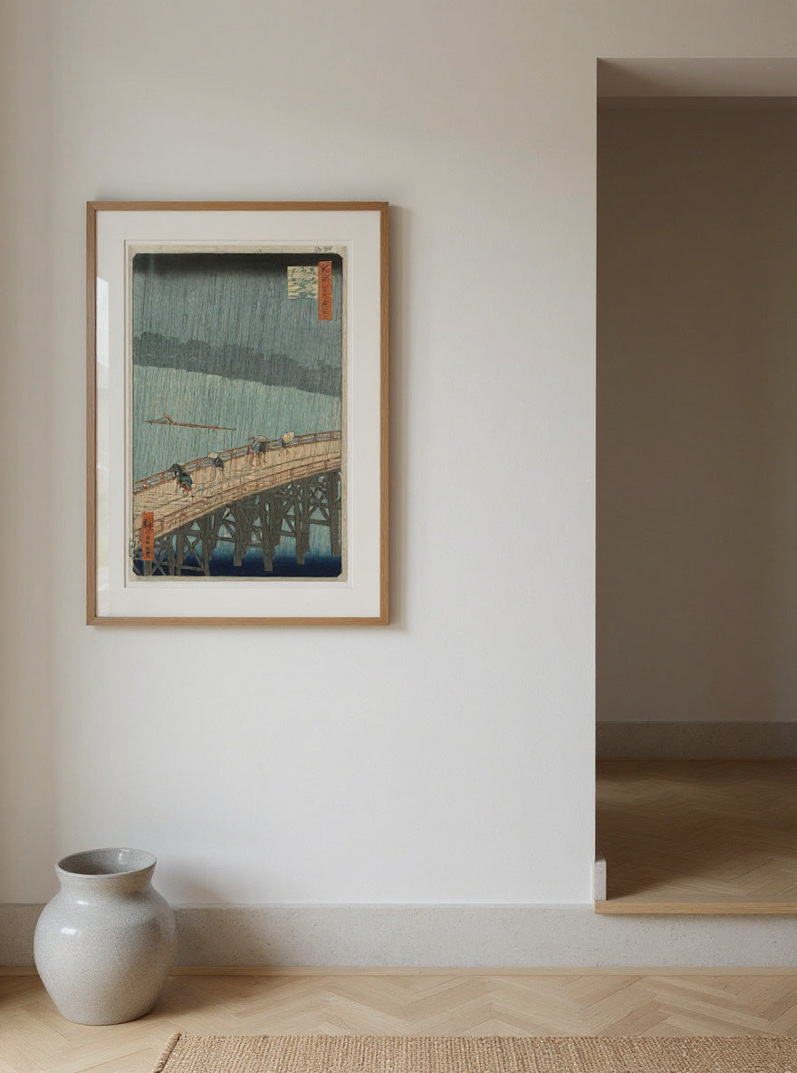 Sudden Shower over Shin-Ōhashi Bridge and Atake, from One Hundred Famous Views of Edo — in a room
