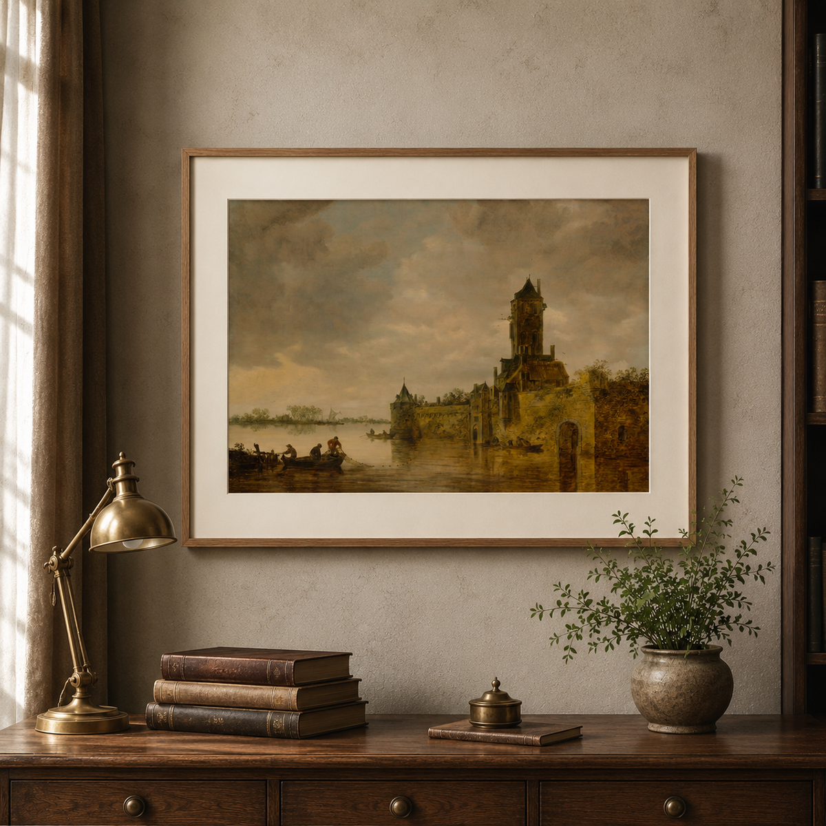 Castle by a River framed in a warm oak frame in a refined study interior