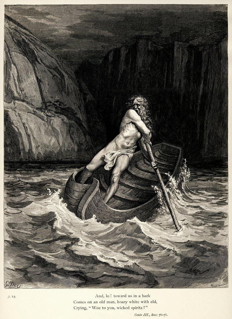 Gustave Doré's illustration to Dante's Inferno. Plate IX: Canto III: Arrival of Charon. "And lo! towards us coming in a boat