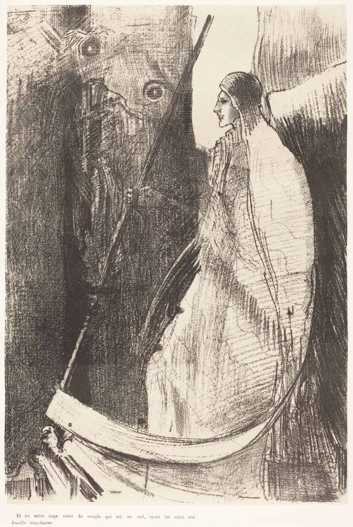 Et un autre ange sortit du temple qui est au ciel, ayant lui aussi une faucille tranchante (And another angel came out of the temple which is in heaven, and he also having a sharp sickle)