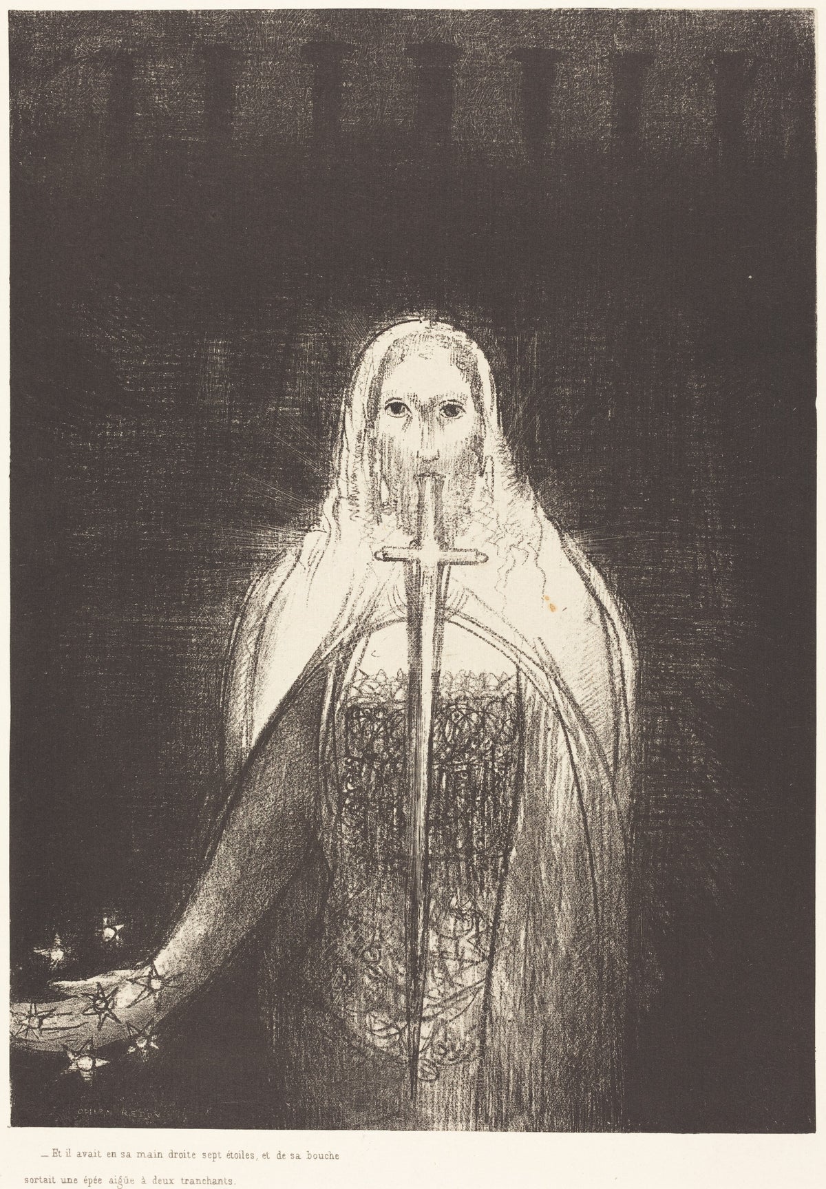Et il avait dans sa main droit sept etoiles, et de sa bouch sortait une epee aigue a deux tranchants (And he had in his right hand seven stars; and out of his mouth went a sharp two-edged sword)