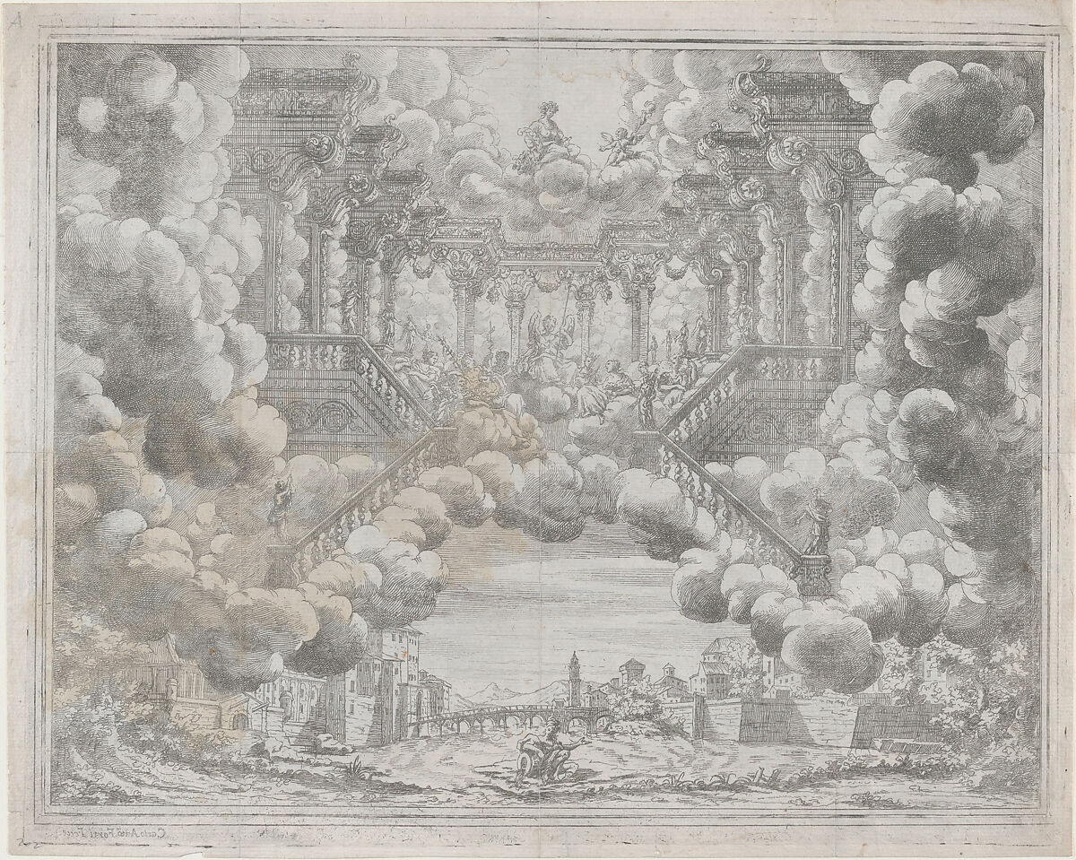 Stage design with allegorical figures on a staircase by Carlo Antonio Forti, circa 1690