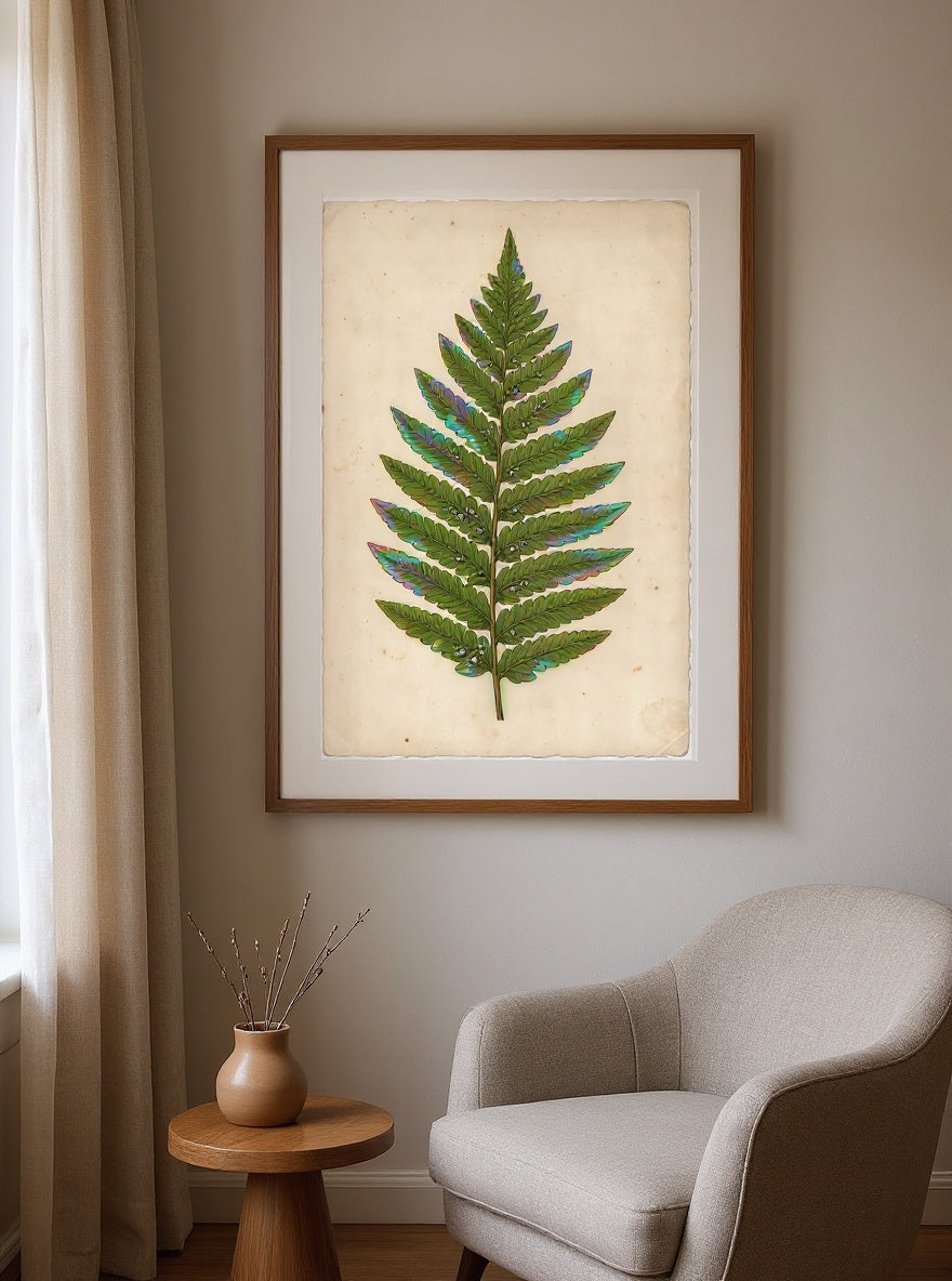 Botanical Study of the Aurora Fern, framed in oak with an ivory mat, hanging in a warm reading room