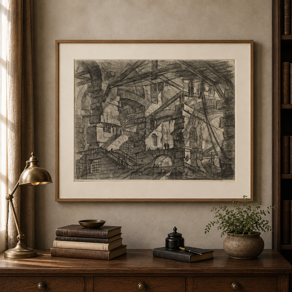 The Gothic Arch framed in a warm oak frame in a refined study interior