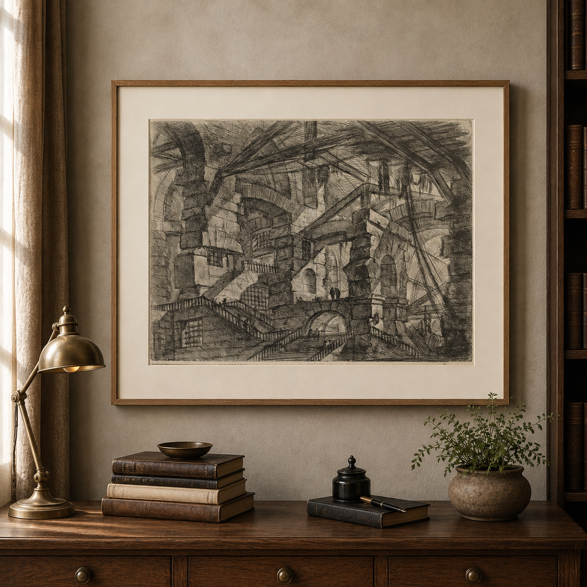 The Gothic Arch framed in a warm oak frame in a refined study interior