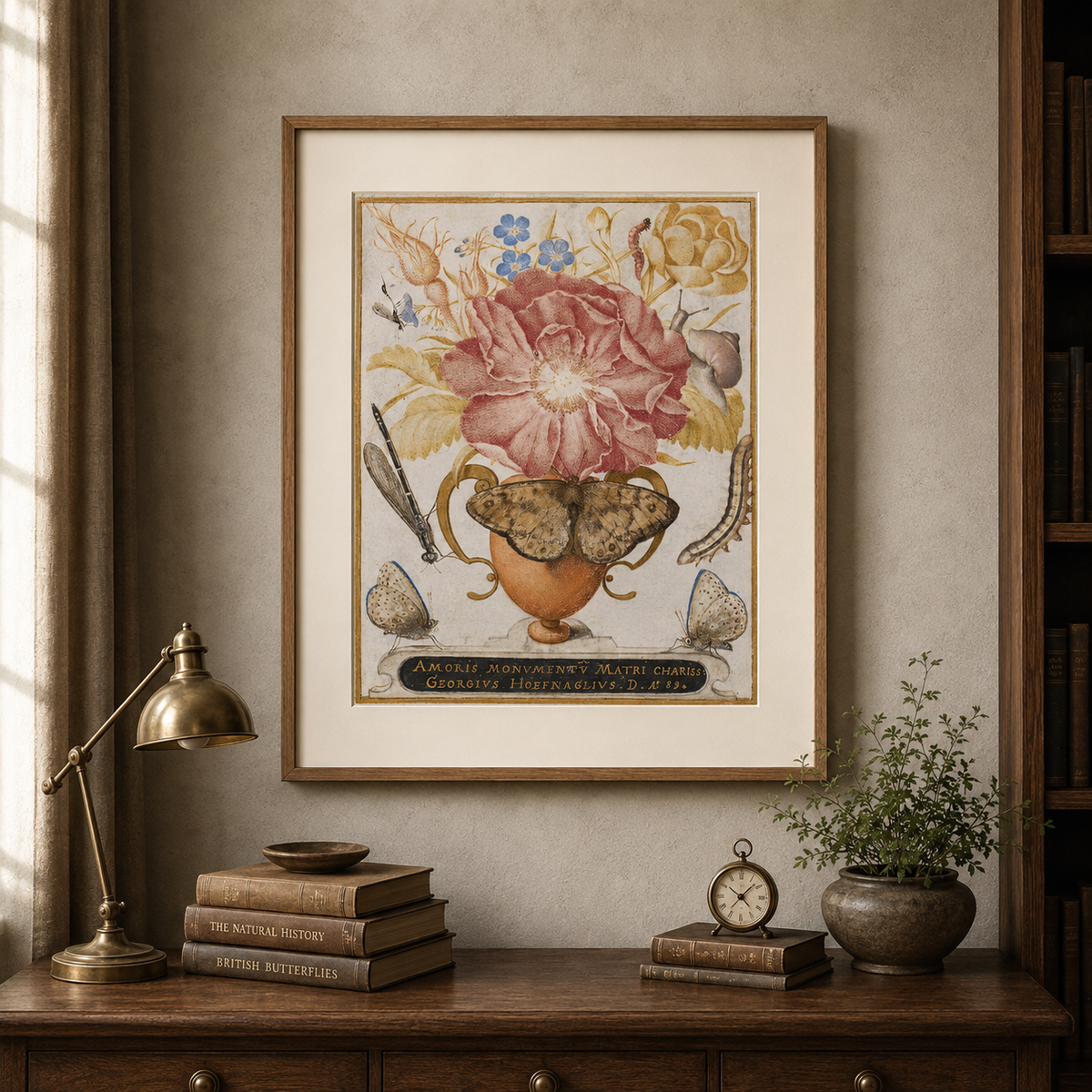 Still Life with Flowers, a Snail and Insects framed in a warm oak frame in a refined study interior