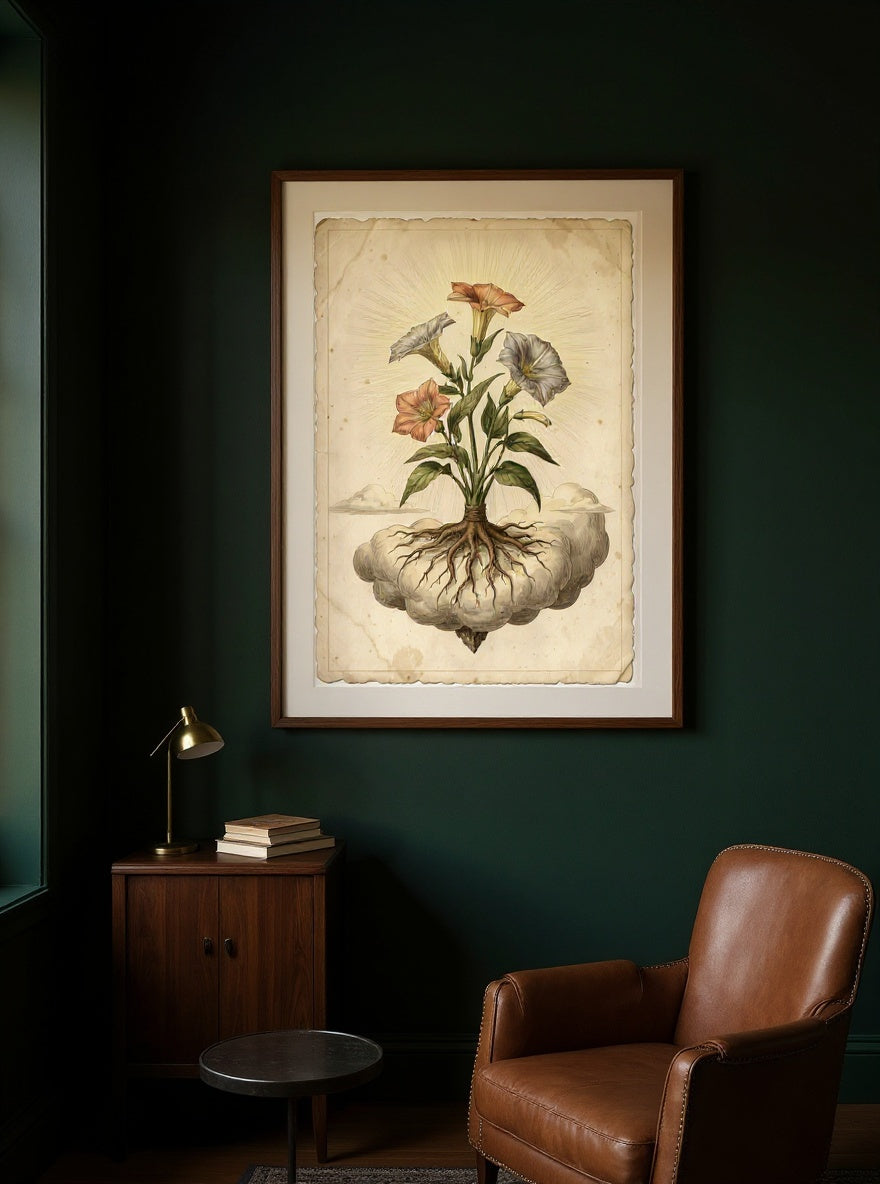 Botanical Study of the Moonflower, framed in oak with an ivory mat, hanging in a dark academia collector's study