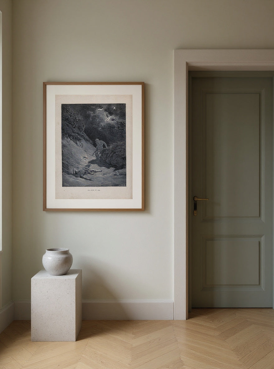 Cain kills Abel under a stormy sky. Wood engraving by H. Pisan after G. Dore — in a room