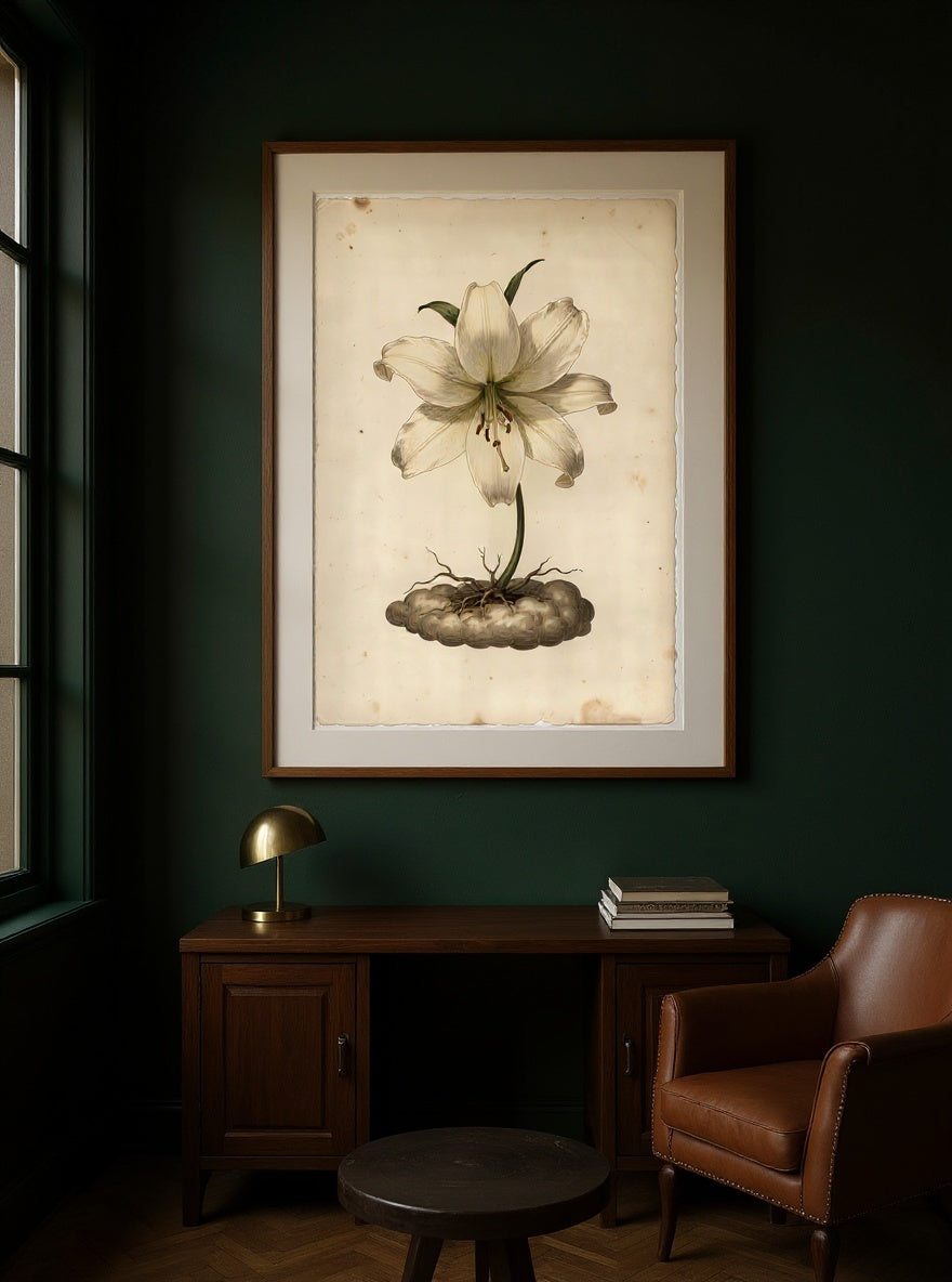 Botanical Study of the Moonbell Lily, framed in oak with an ivory mat, hanging in a dark academia collector's study