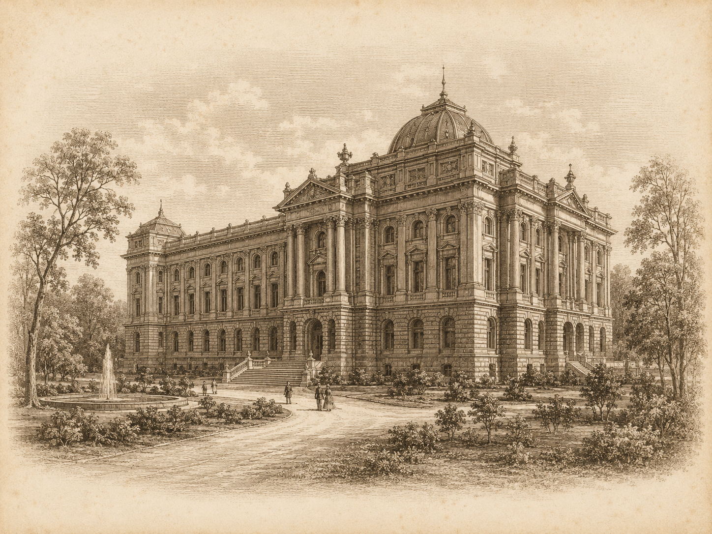 Sepia engraving of the Museum of Imagined Worlds building