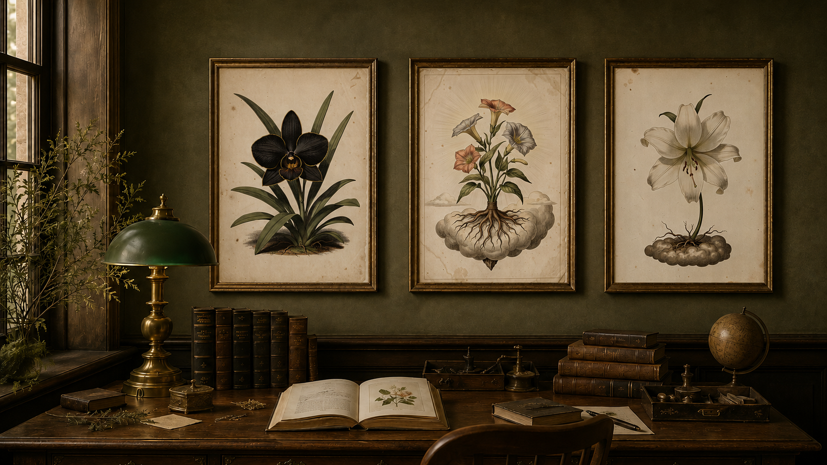 Antique study desk with three framed botanical and expedition plates on the wall above, brass lamp, open book and globe