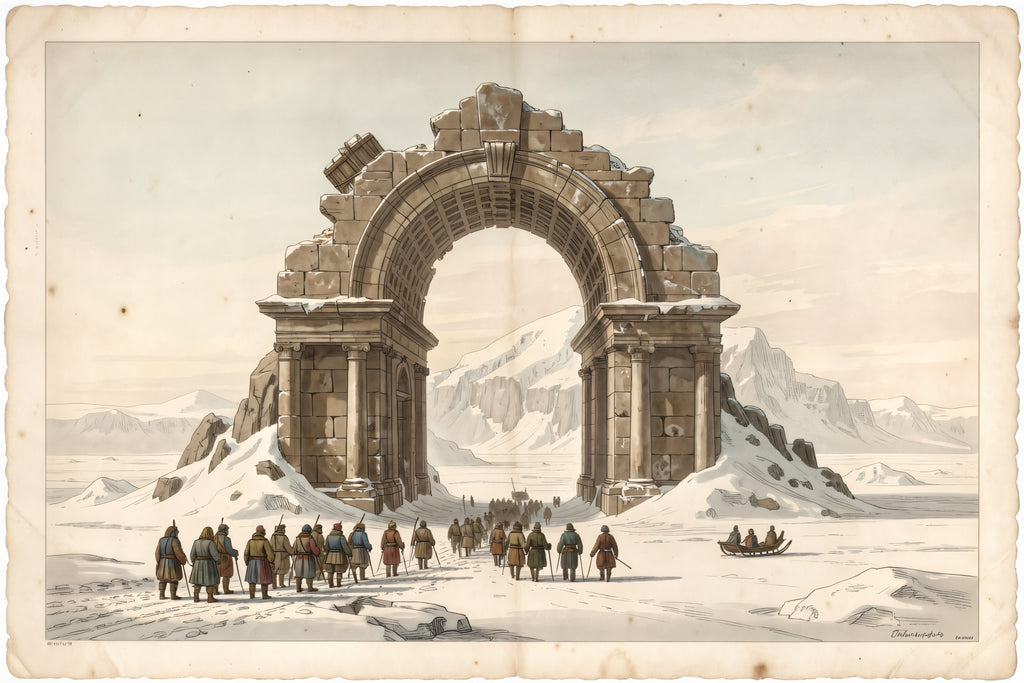 Ruins of the Polar Archway, a pencil and wash illustration plate