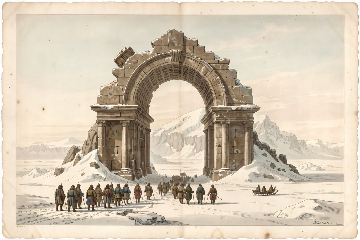 Ruins of the Polar Archway, a pencil and wash illustration plate