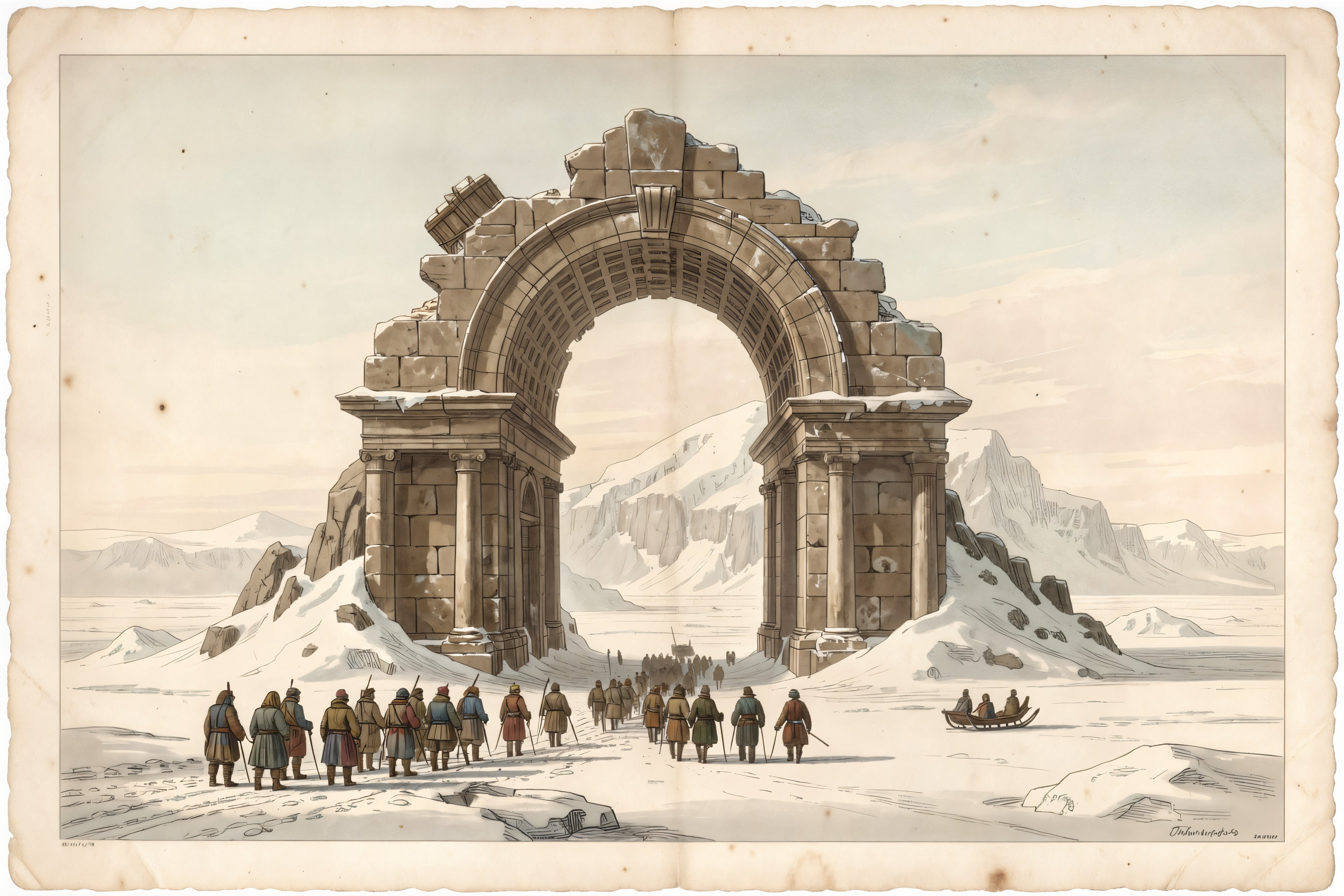 Ruins of the Polar Archway, a pencil and wash illustration plate