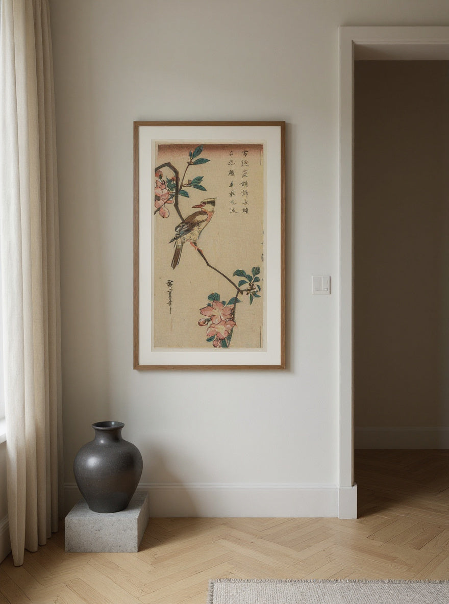 Black-Naped Oriole (Korean Warbler) on a Hall Crabapple — in a room