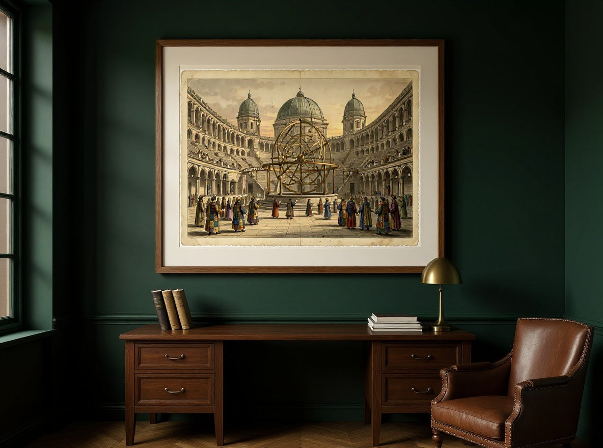 The Orrery Conservatory, framed in oak with an ivory mat, hanging in a dark academia collector's study