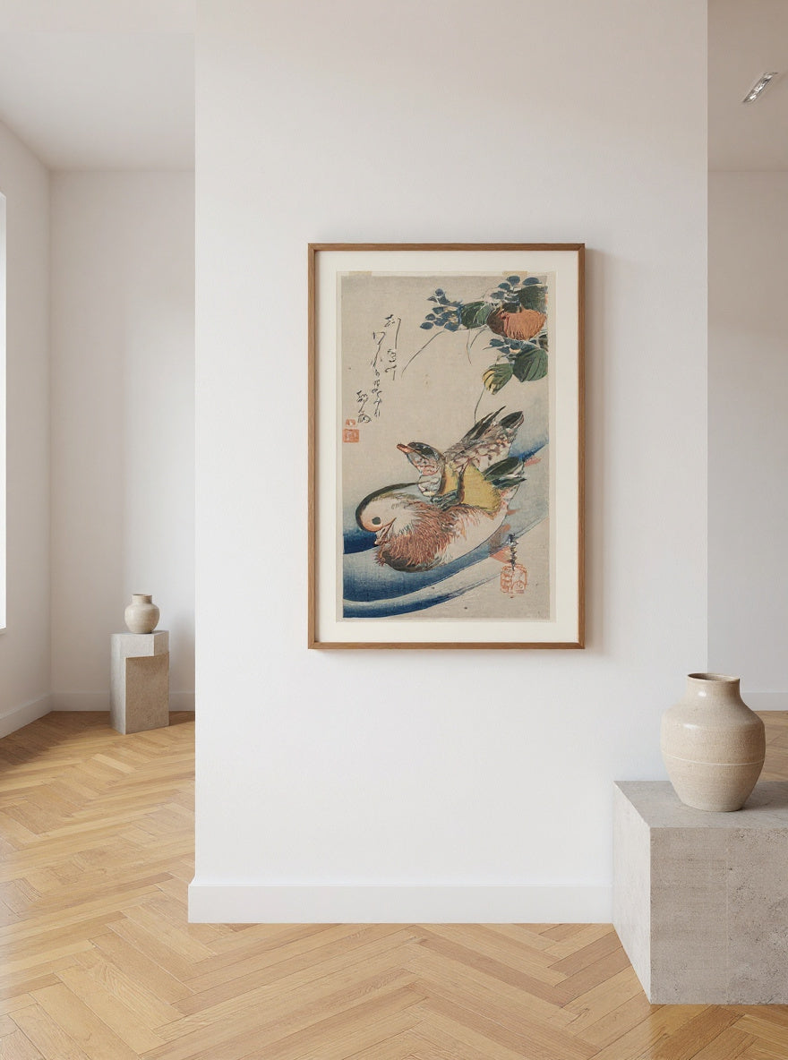 Mandarin Ducks and Flowering Plants — in a room