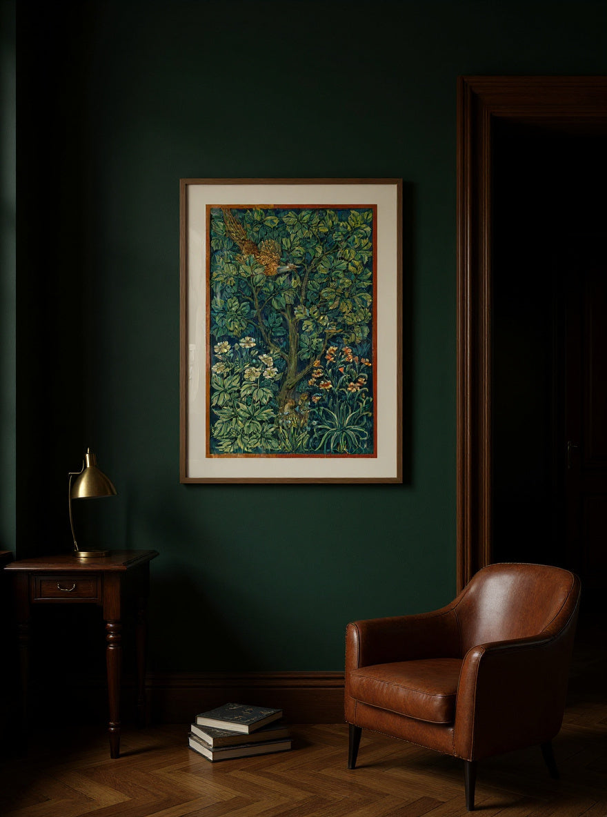 William Morris and John Henry Dearle's Cock Pheasant (1916) famous textile artwork — in a room
